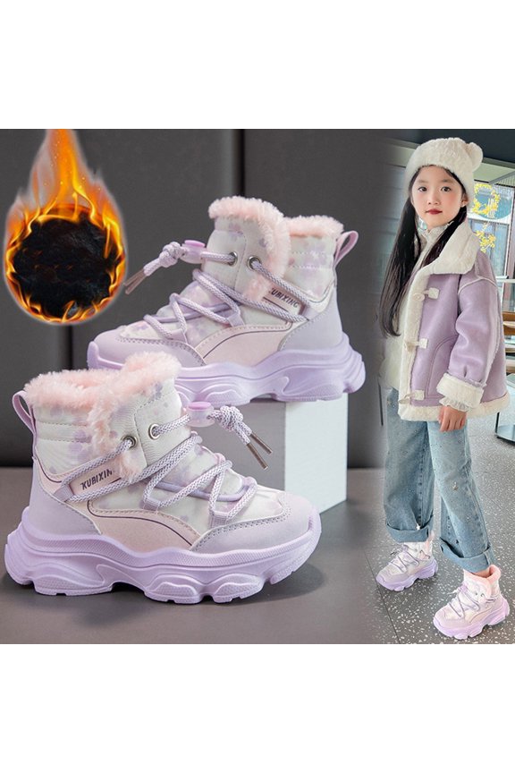 Girls' Fleece-Lined Soft Warm Shoes Kids Lace-Up Snow Boots Outdoor Riding Warm Winter Shoes for Hiking & School Runs