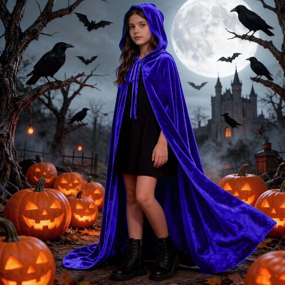 BFHHYA Girls Full Length Hooded Cloak Youth Velvet Cape Halloween Witch Cloak Kids Festival Party Dress Up Robe for 2-17 Years