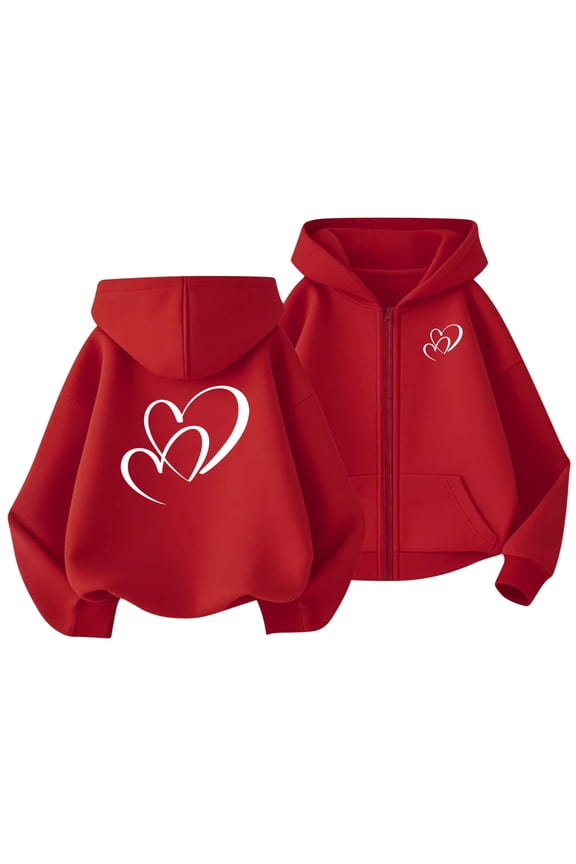 Girls' Full Zip Hooded Sweatshirt Jacket Heart-Print Light Fleece Hoodie Long Sleeve Sweatshirt with Pockets for Daily Outings(3-13Y)