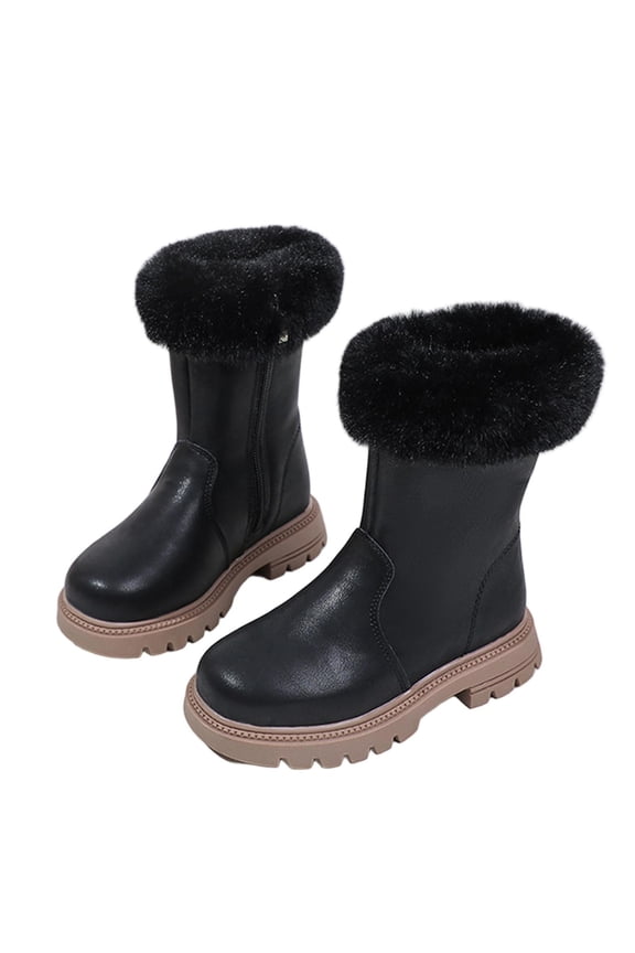 Girls' Furry Mid-Calf Leather Boots Fleece-Lined Zip-Up Thick-Soled Chelsea Boots for Fall Winter Daily Wear & Casual Outings Toddler/Little Kid/Big Kid