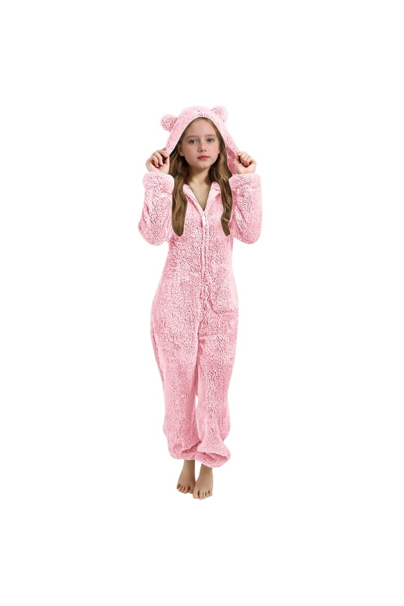 Girls Fuzzy Zip Up Jumpsuits Kids One Piece Bear-Hooded Rompers Soft Fleece Warm Winter Sleepsuit for Fall Winter Indoor Lounging (5-15Y)