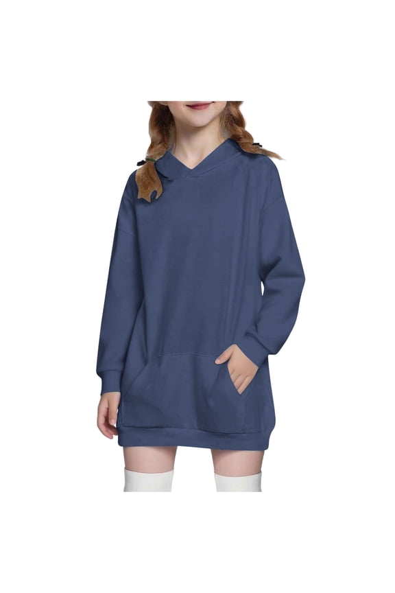 Girls Hooded Sweatshirt Dress Longline Light Fleece Hoodie Long Sleeve Pullover with Pockets for Winter Indoor Gatherings (5-14Y)