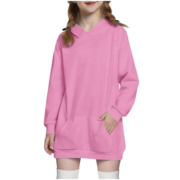 BFHHYA Girls Hooded Sweatshirt Dress Longline Light Fleece Hoodie Long Sleeve Pullover with Pockets for Winter Indoor Gatherings (5-14Y)