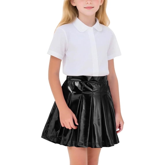 BFHHYA Girls Leather Pleated Mini Skirts Kids Flared Skater Skirt High Waisted A Line Skirts Prom Party for Girls Size 4-15 Years