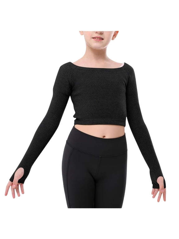 Girls Long Sleeve Dance Knit Top with Thumb Holes Soft Ballet Warm Pullover Dance Crop Sweater for Leotards Ballet