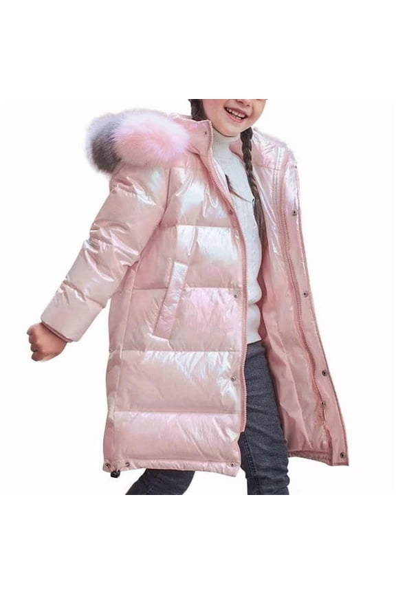 Girls' Long Winter Puffer Jacket Gradient Furry Collar Hooded Parka Coat Full Zip Warm Outerwear for Outdoor Play & School Runs(4-9Y)