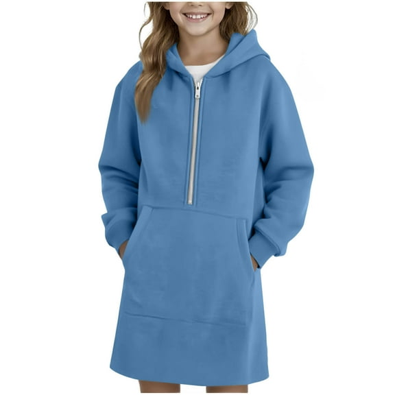 BFHHYA Girls Longline Hooded Sweatshirt Dress Half-Zip Fleece-Lined Hoodie Long Sleeve Pullover for School Daily Wear & Weekend Outings (4-15Y)