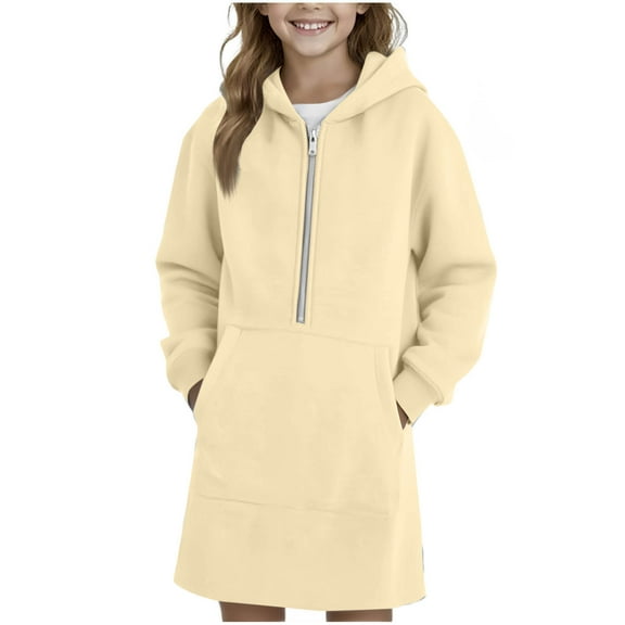 BFHHYA Girls Longline Hooded Sweatshirt Dress Half-Zip Fleece-Lined Hoodie Long Sleeve Pullover for School Daily Wear & Weekend Outings (4-15Y)