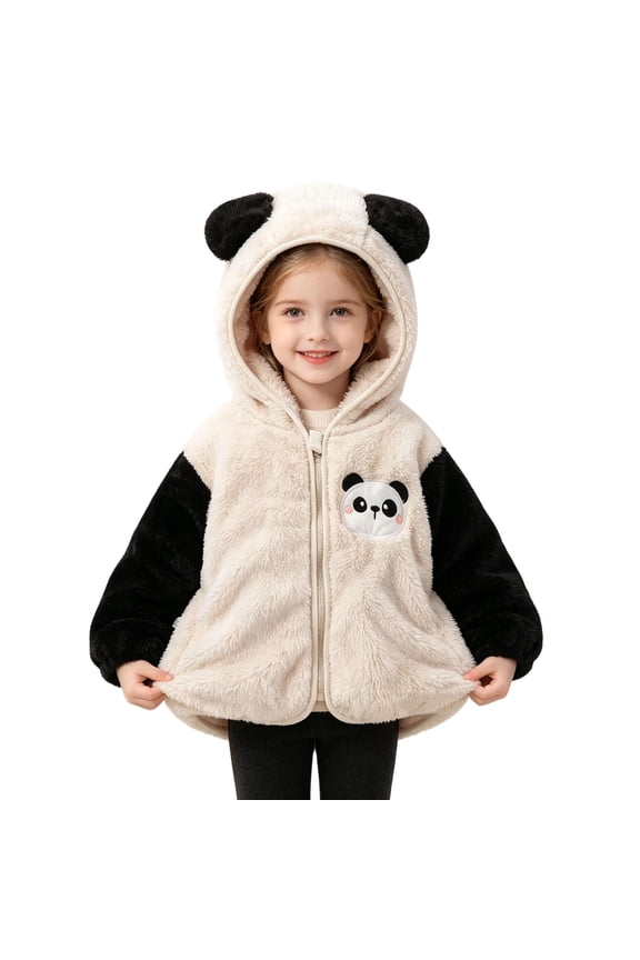 Girls Panda Ear Hooded Jacket Fuzzy Fleece Zip Up Coat Plush Long Sleeve Jackets with Cartoon Embroidered Winter Warm Casual Outwear
