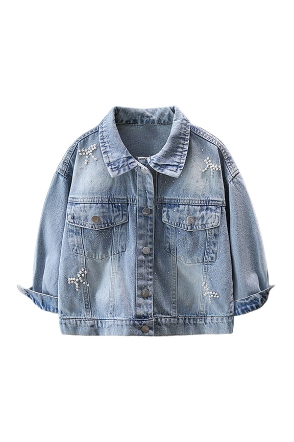 Girls Pearl Bow Denim Jacket Kids Button Down Long Sleeve Jean Jacket with Chest Pockets Lightweight Trendy Casual Jean Coat for Teen