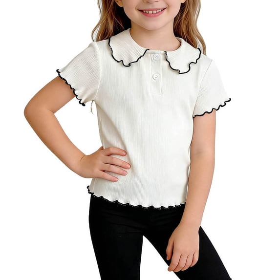 BFHHYA Girls Peter Pan Collar Shirts Button Down Ruffle Short Sleeve T-Shirts Casual Summer Tops for Gilrls Size 6M-8 Years