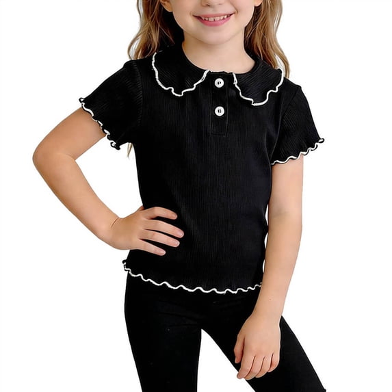 BFHHYA Girls Peter Pan Collar Shirts Button Down Ruffle Short Sleeve T-Shirts Casual Summer Tops for Gilrls Size 6M-8 Years