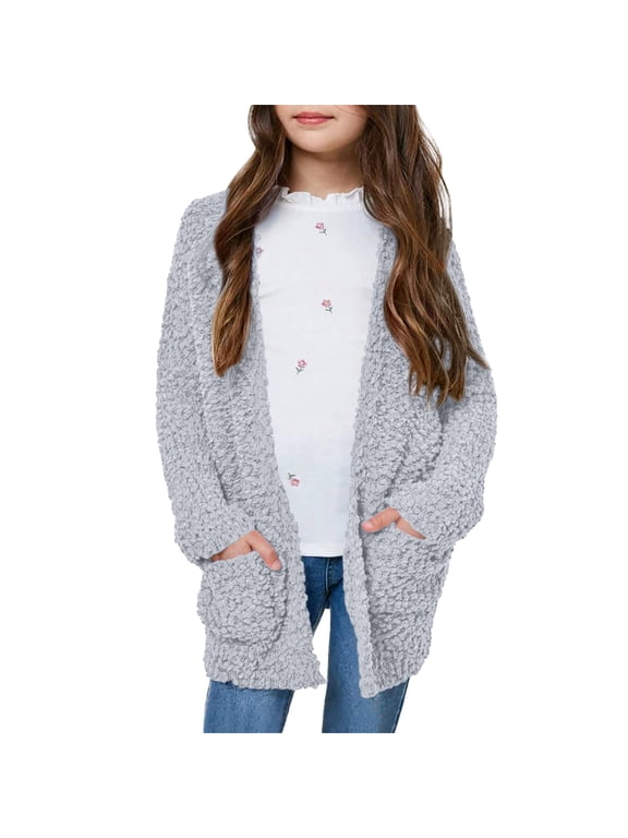 Girls Polar Fleece Cardigan Sweater Open Front Long Sleeve Cardigans Jacket with Pockets Soild Color Casual Sweaters for Spring Fall