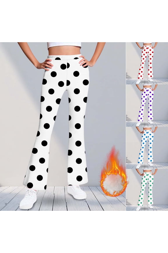Girls' Polka-Dot Fleece-Lined Flared Pants High-Waisted Slim Fit Bell Bottom Pants Casual Yoga Leggings for Casual Outings (5-16Y)