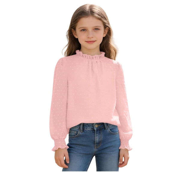 BFHHYA Girls Puff Long Sleeve Shirts Dots Print Ruffle Crewneck Tops Teen Fashion Solid Basic Tee for Girls Size 5-14 Years