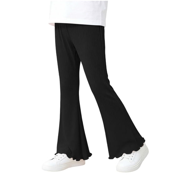 BFHHYA Girls Ribbed Knit Pants Solid Flare Leg Pants Tween Elastic Waist Ruffle Bell Bottoms Pants Ages 0-12 Years