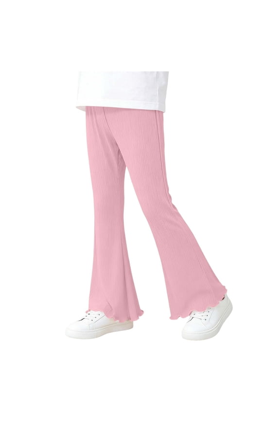 Girls Ribbed Knit Pants Solid Flare Leg Pants Tween Elastic Waist Ruffle Bell Bottoms Pants Ages 0-12 Years