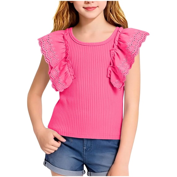 BFHHYA Girls Ribbed Knit Shirts Ruffle Short Sleeve Crew Neck Top Shirts Solid Cute Summer Blouses for Big Girls 5-13 Years