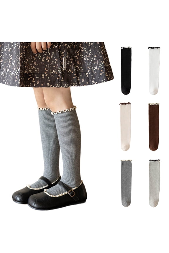 Girls Ruffle Knee High Socks School Uniform Dress Socks for Little/Big Girls Kids Cotton Long Sock