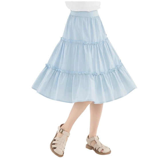 BFHHYA Girls Ruffle Midi Skirt Elastic Waist Tiered A-Line Skirts Summer Flowy Swing Skirts for Teens Girls Size 7-16 Years