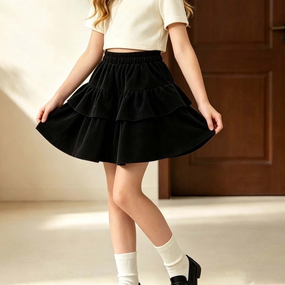 BFHHYA Girls Ruffle Mini Skirts Elastic High Waist A Line Pleated Skirt Kids Casual Fall Winter Daily School Uniform Outfits 3-13 Years