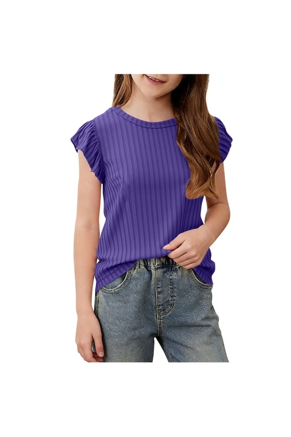 Girls Ruffle Short Sleeve T-Shirt Ribbed Ice Silk Round Neck Tops Tweens Girls Casual Summer Tees Shirts Size 1-11 Years
