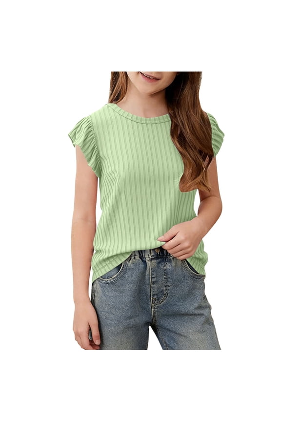 Girls Ruffle Short Sleeve T-Shirt Ribbed Ice Silk Round Neck Tops Tweens Girls Casual Summer Tees Shirts Size 1-11 Years