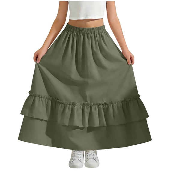BFHHYA Girls Ruffle Tiered Maxi Skirt High Waist Flowy A-Line Skirt Big Swing Summer Skirt for Teens Girls Size 4-15 Years