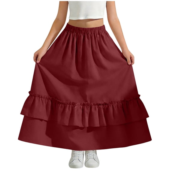 BFHHYA Girls Ruffle Tiered Maxi Skirt High Waist Flowy A-Line Skirt Big Swing Summer Skirt for Teens Girls Size 4-15 Years
