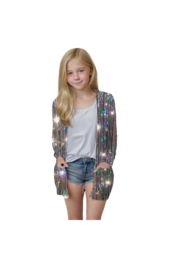 Girls' Sequin 3D Print Cardigan Lightweight Long Sleeve Open Front Jacket with Pockets, for Indoor Activities & Birthday Parties(5-14Y)