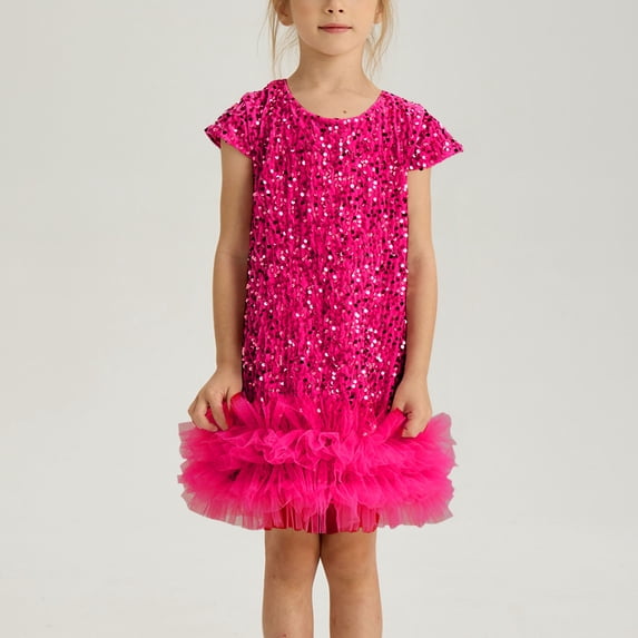 BFHHYA Girls Short Sleeve Sequin Dress A-Line Round Neck Glitter Tulle Dress Ruffle Hem Party Dress Birdthday Performance 0-26 Years