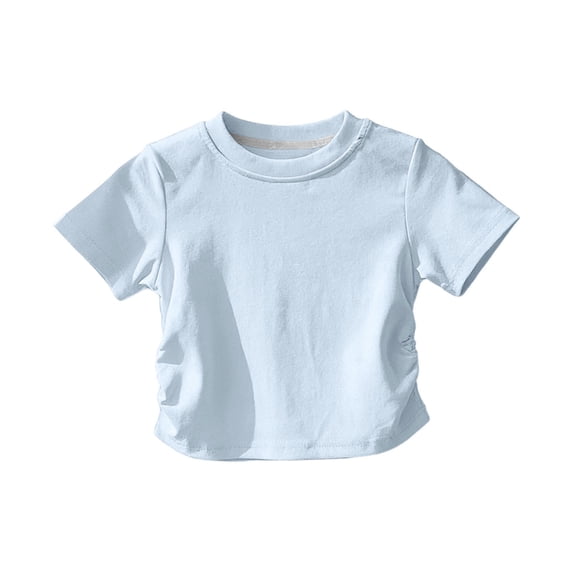BFHHYA Girls Short Sleeve Shirts Ruched Side Crew Neck T-Shirts Solid Color Summer Basic Tops for Girls 1-11 Years