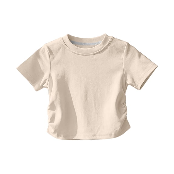 BFHHYA Girls Short Sleeve Shirts Ruched Side Crew Neck T-Shirts Solid Color Summer Basic Tops for Girls 1-11 Years