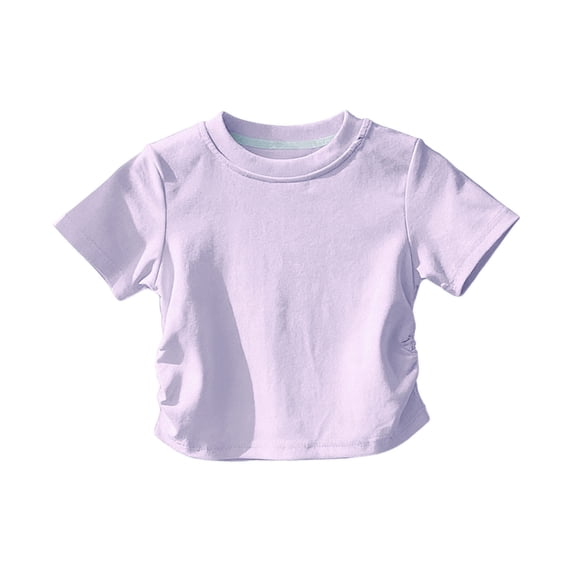 BFHHYA Girls Short Sleeve Shirts Ruched Side Crew Neck T-Shirts Solid Color Summer Basic Tops for Girls 1-11 Years