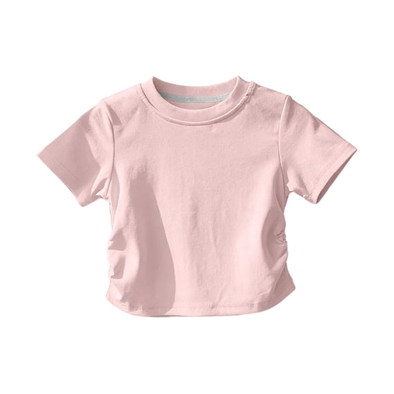 BFHHYA Girls Short Sleeve Shirts Ruched Side Crew Neck T-Shirts Solid Color Summer Basic Tops for Girls 1-11 Years