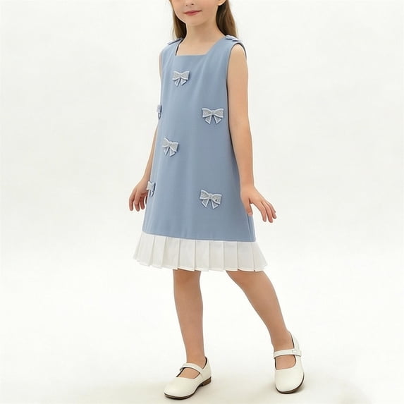 BFHHYA Girls Sleeveless A-Line Dress Casual Patchwork Pleated Dress Kids Fashion Cute Bowknot Sundress Size 18 Months-8 Years