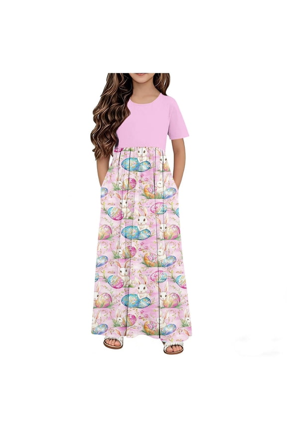 BFHHYA Girls Spring Easter Dress Short Sleeve Floral Print Dresses Long Holiday Sundress for Youth Girls Szie 4-14 Years