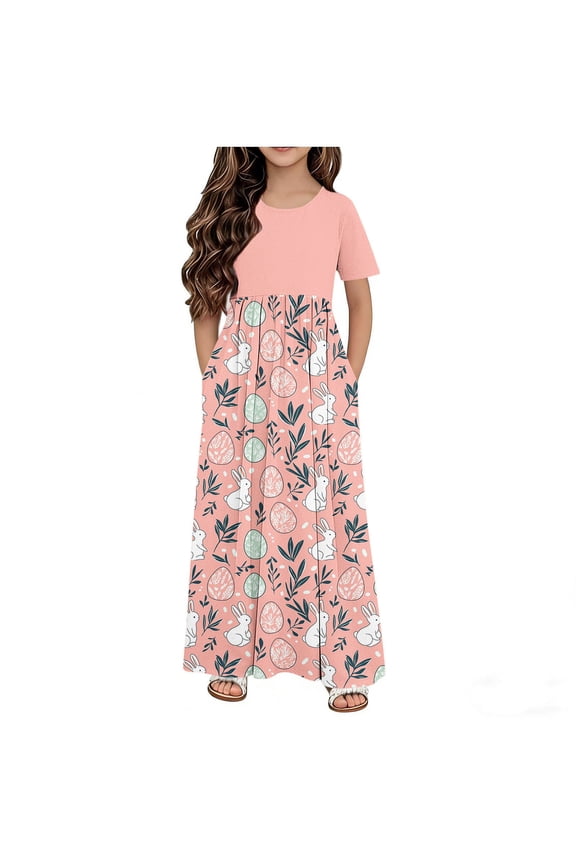 BFHHYA Girls Spring Easter Dress Short Sleeve Floral Print Dresses Long Holiday Sundress for Youth Girls Szie 4-14 Years