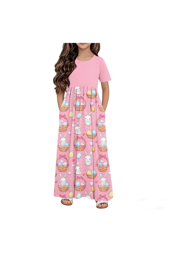 BFHHYA Girls Spring Easter Dress Short Sleeve Floral Print Dresses Long Holiday Sundress for Youth Girls Szie 4-14 Years