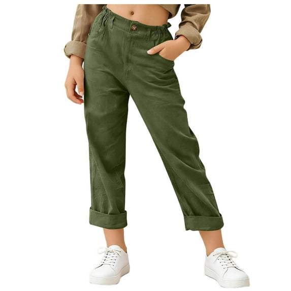 BFHHYA Girls Summer Capri Pants Cotton Linen Straight Leg Cropped Trousers Casual High Waist Pants with Pockets Size 5-16 Years