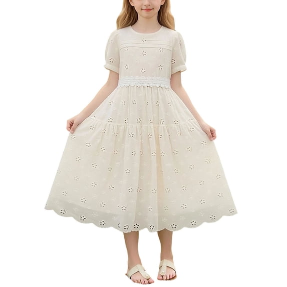 BFHHYA Girls Summer Maxi Dress Eyelet Lace Short Sleeve A Line Tiered Dresses Teens Casual Flowy Boho Dresses 8-14 Years