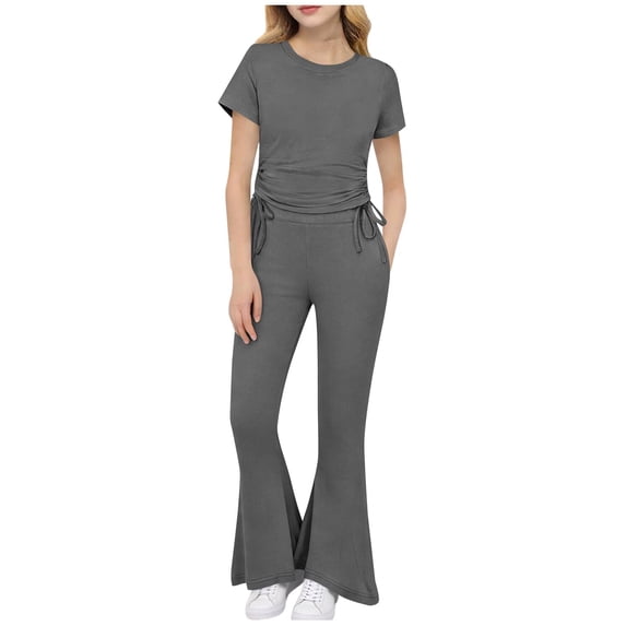 BFHHYA Girls Summer Tracksuit Set Short Sleeve Drawstring Shirts Flared Pants Sets2 Piece Outfit Sets for Girls Ages 1-10 Years