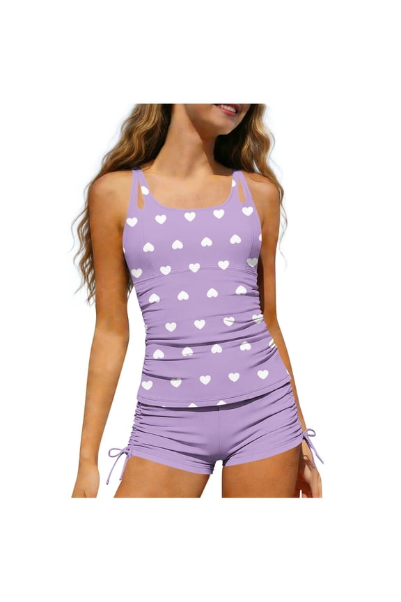 Girls Swimsuits Sets 2 Piece Adjustable Tank Top with Tropical Print Shorts Sets Teens Summer Beach Swimwear 7-16 Years