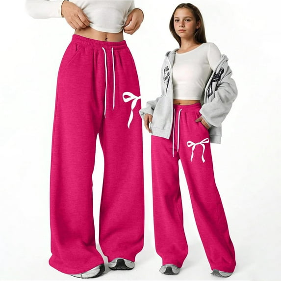 BFHHYA Girls' Wide Leg Sweatpants Teen Girl Lightweight Fleece Bow-Print Drawstring Pants Casual Active Joggers for Casual Gatherings (5-15Y)