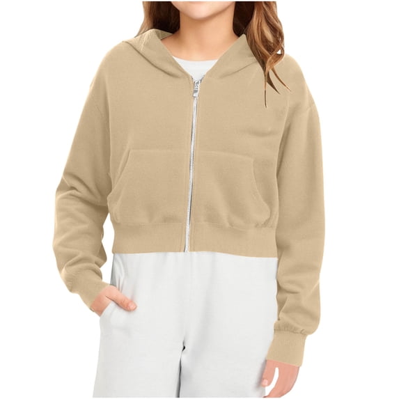 BFHHYA Girls Zip-Up Cropped Hoodie Jacket Light Fleece Long Sleeve Sweatshirt Athletic Outerwear with Pockets, for Fall Daily Commutes (5-14Y)