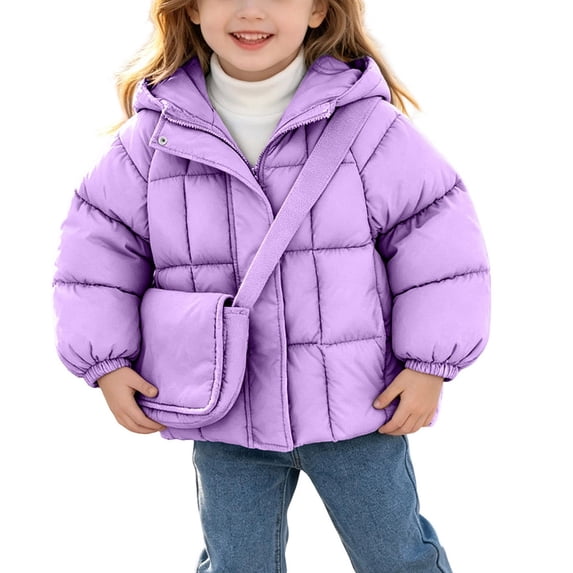 BFHHYA Girls Zip Up Quilted Jacket with Crossbody Bag Trendy Warm Puffer Hooded Coat Fall Winter Outwear 2 Piece Jackets and Bag