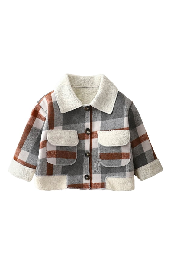 Kids Boys Girls Fleece-Lined Plaid Jacket Toddlder Baby Button-Up Casual Fall Winter Jacket Lapel Long Sleeve Outerwear for Weekend Errands(1-13Y)