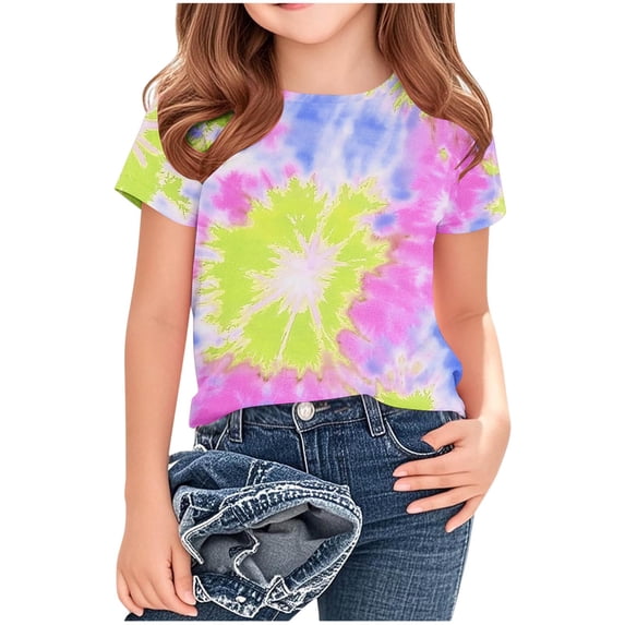 BFHHYA Kids Boys Girls Tie Dye Shirt Casual Round Neck Short Sleeve T-Shirts Teens Loose Summer Tops Size 4-16 Years