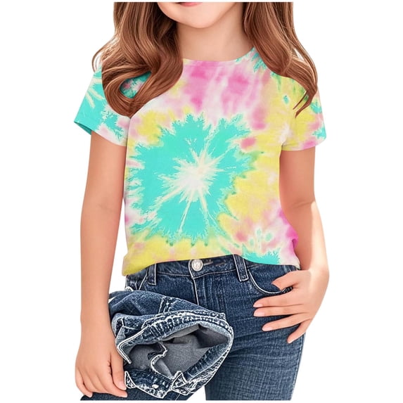 BFHHYA Kids Boys Girls Tie Dye Shirt Casual Round Neck Short Sleeve T-Shirts Teens Loose Summer Tops Size 4-16 Years