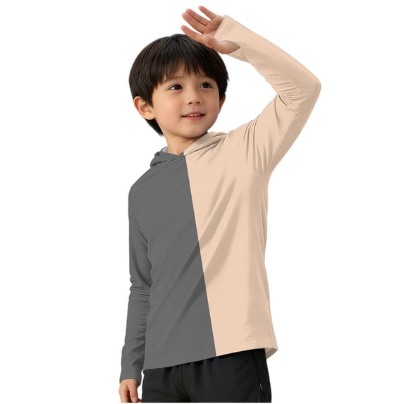 BFHHYA Kids Color Block Hooded Shirts UPF50+ Sun Protection Long Sleeve Shirt Boys Girls Casual Fashion Summer Tops 5-15 Years